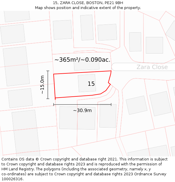 15, ZARA CLOSE, BOSTON, PE21 9BH: Plot and title map