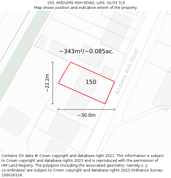 150, ANDLERS ASH ROAD, LISS, GU33 7LS: Plot and title map