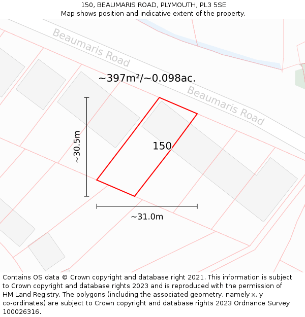 150, BEAUMARIS ROAD, PLYMOUTH, PL3 5SE: Plot and title map