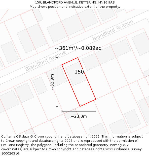 150, BLANDFORD AVENUE, KETTERING, NN16 9AS: Plot and title map
