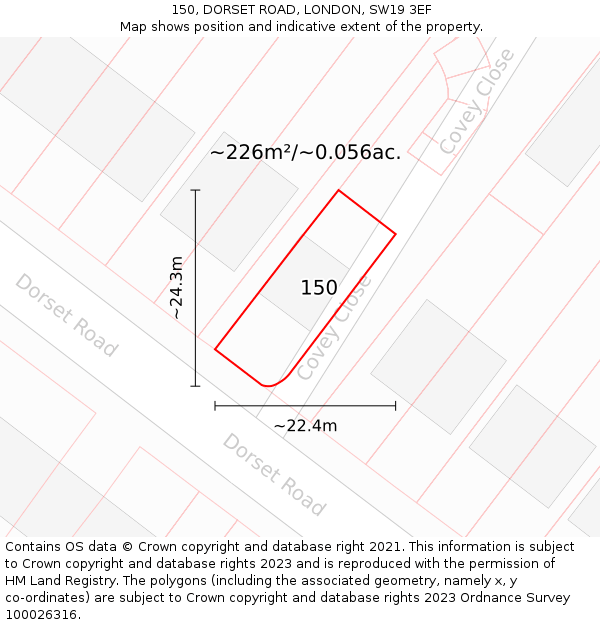 150, DORSET ROAD, LONDON, SW19 3EF: Plot and title map