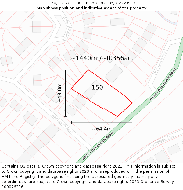 150, DUNCHURCH ROAD, RUGBY, CV22 6DR: Plot and title map