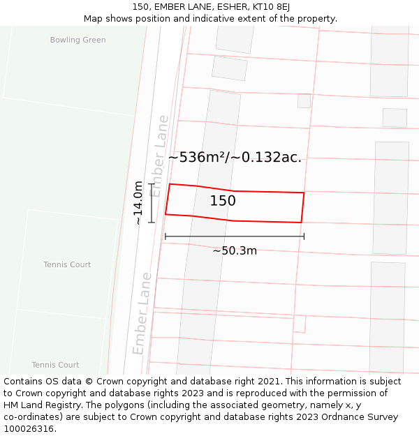 150, EMBER LANE, ESHER, KT10 8EJ: Plot and title map