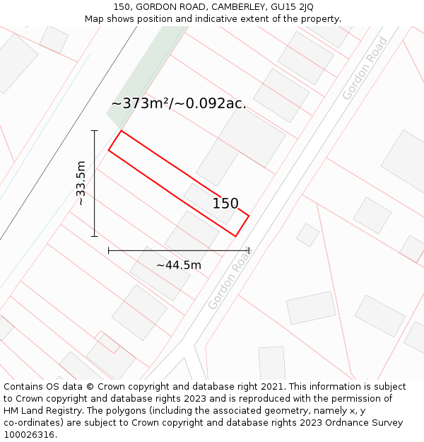 150, GORDON ROAD, CAMBERLEY, GU15 2JQ: Plot and title map