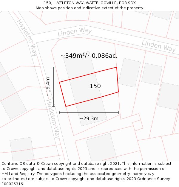 150, HAZLETON WAY, WATERLOOVILLE, PO8 9DX: Plot and title map