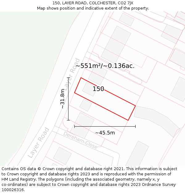 150, LAYER ROAD, COLCHESTER, CO2 7JX: Plot and title map