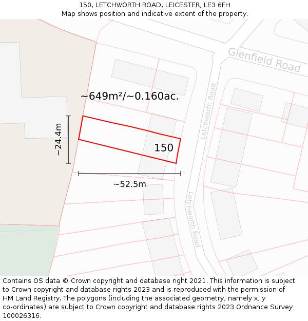 150, LETCHWORTH ROAD, LEICESTER, LE3 6FH: Plot and title map