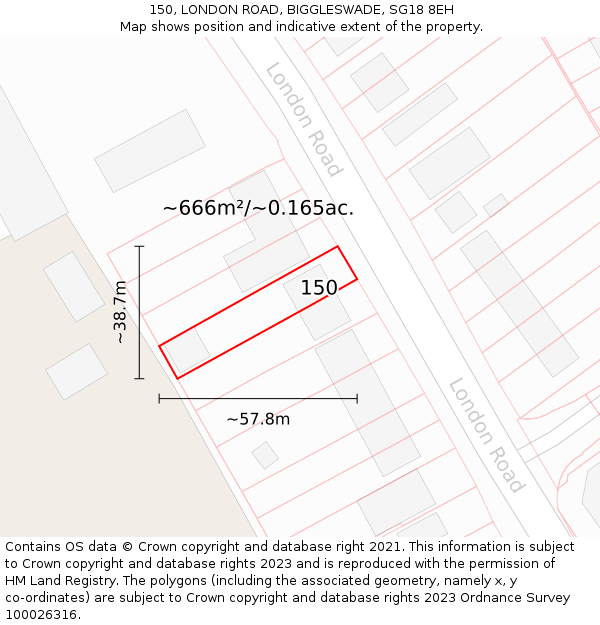 150, LONDON ROAD, BIGGLESWADE, SG18 8EH: Plot and title map