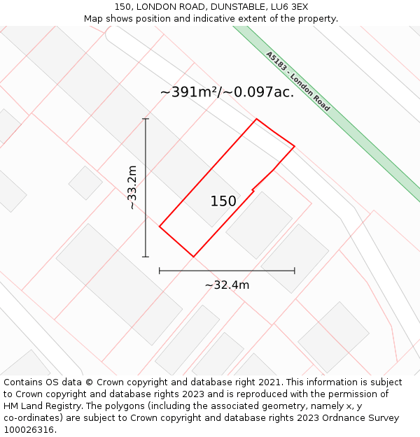 150, LONDON ROAD, DUNSTABLE, LU6 3EX: Plot and title map