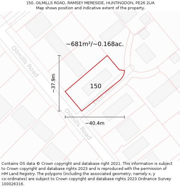 150, OILMILLS ROAD, RAMSEY MERESIDE, HUNTINGDON, PE26 2UA: Plot and title map