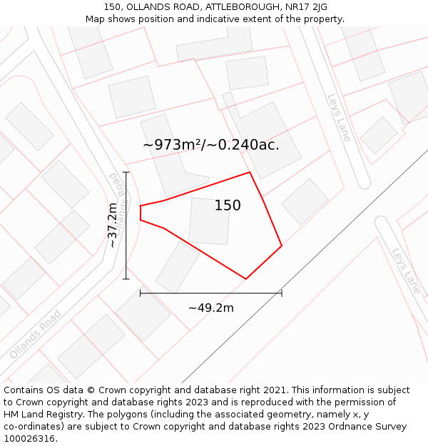 150, OLLANDS ROAD, ATTLEBOROUGH, NR17 2JG: Plot and title map