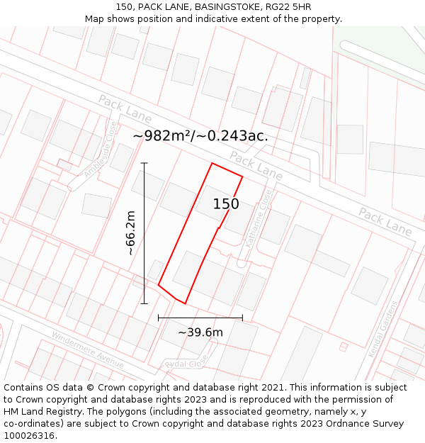 150, PACK LANE, BASINGSTOKE, RG22 5HR: Plot and title map