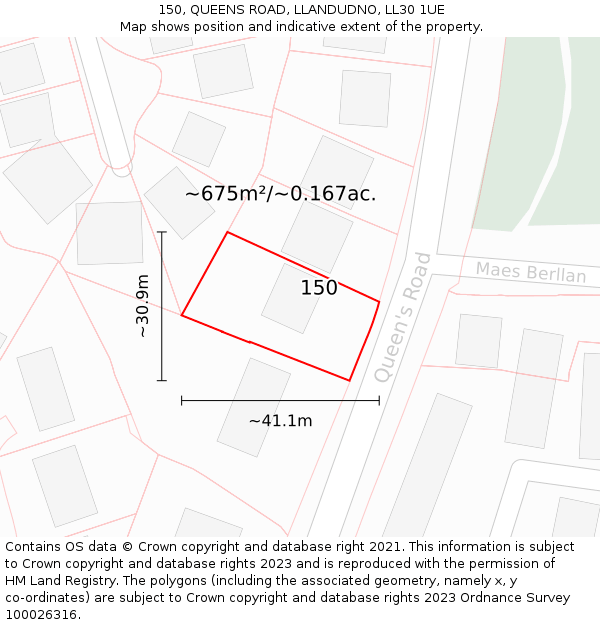 150, QUEENS ROAD, LLANDUDNO, LL30 1UE: Plot and title map