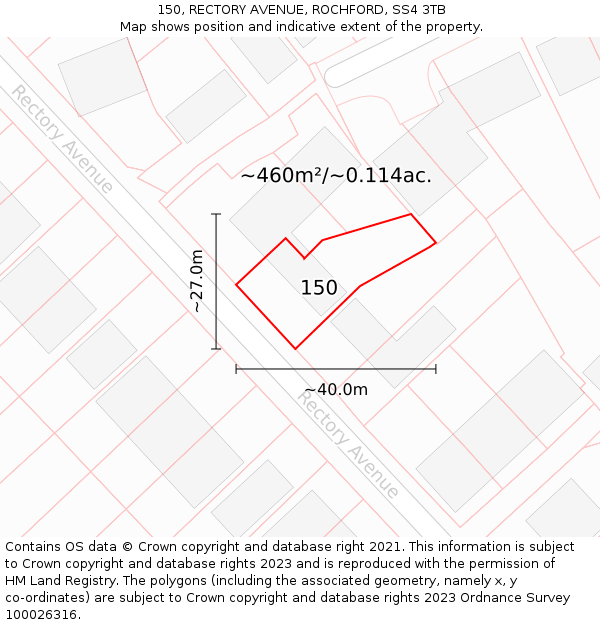 150, RECTORY AVENUE, ROCHFORD, SS4 3TB: Plot and title map