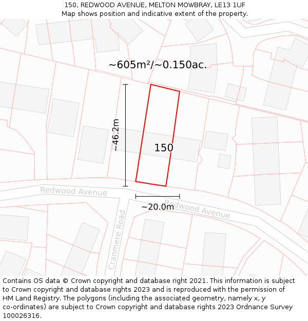 150, REDWOOD AVENUE, MELTON MOWBRAY, LE13 1UF: Plot and title map