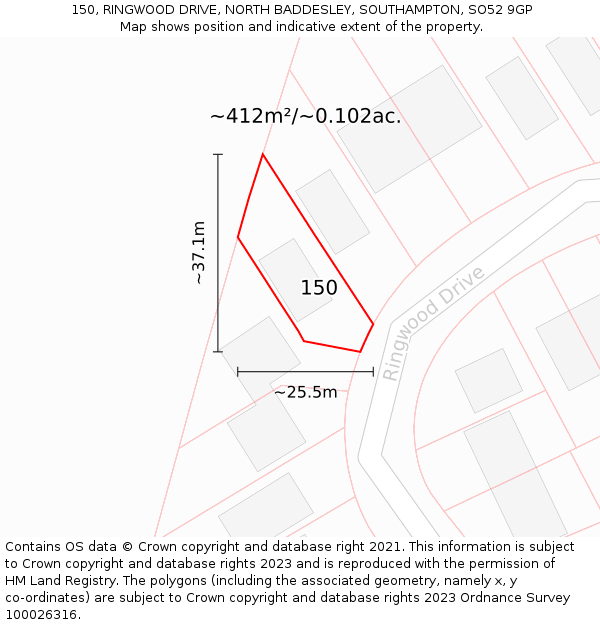 150, RINGWOOD DRIVE, NORTH BADDESLEY, SOUTHAMPTON, SO52 9GP: Plot and title map