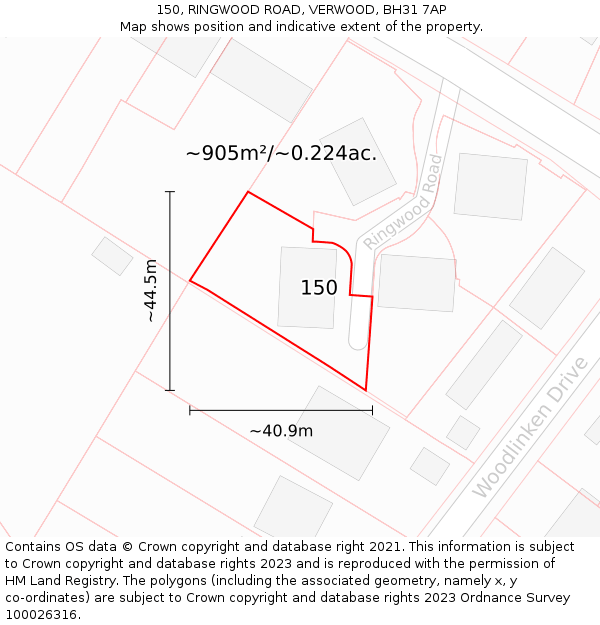150, RINGWOOD ROAD, VERWOOD, BH31 7AP: Plot and title map