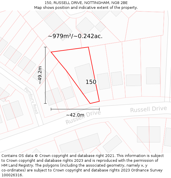 150, RUSSELL DRIVE, NOTTINGHAM, NG8 2BE: Plot and title map