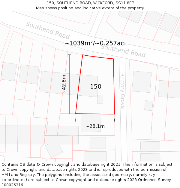 150, SOUTHEND ROAD, WICKFORD, SS11 8EB: Plot and title map