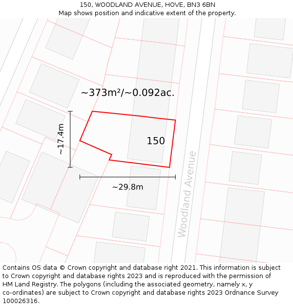 150, WOODLAND AVENUE, HOVE, BN3 6BN: Plot and title map