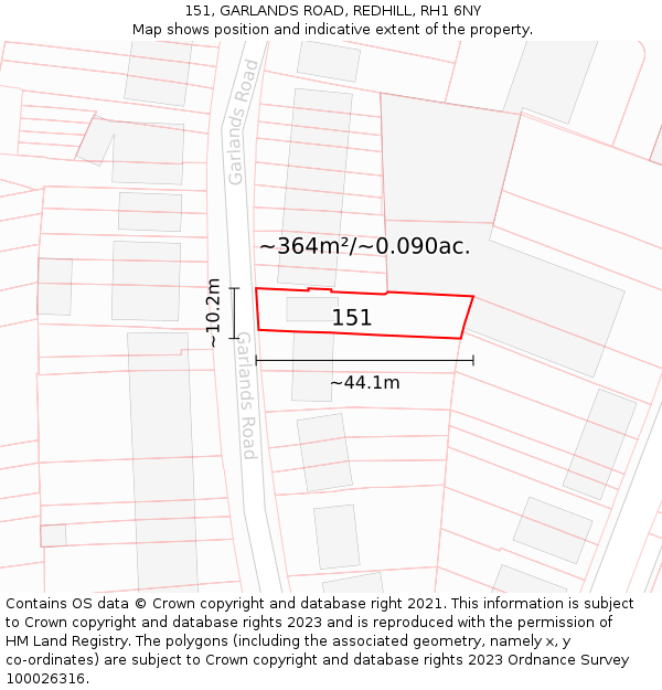 151, GARLANDS ROAD, REDHILL, RH1 6NY: Plot and title map