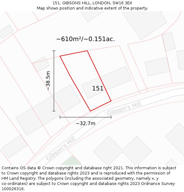151, GIBSONS HILL, LONDON, SW16 3EX: Plot and title map