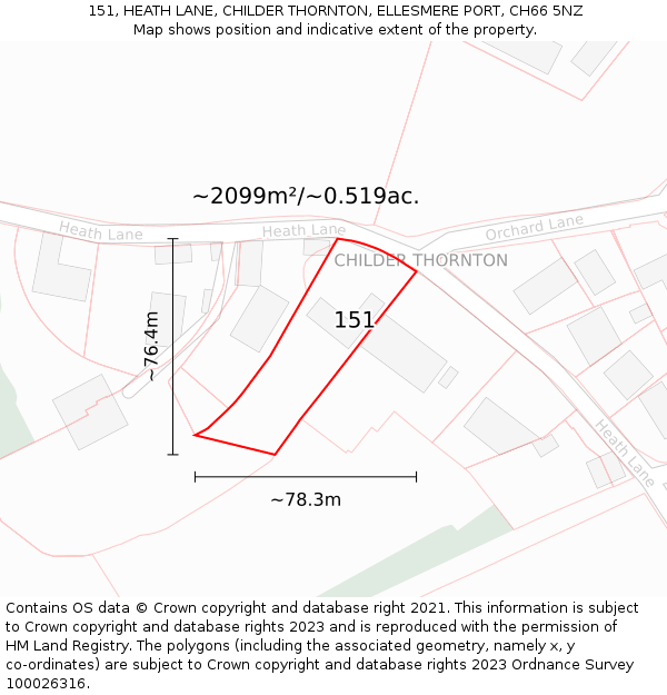 151, HEATH LANE, CHILDER THORNTON, ELLESMERE PORT, CH66 5NZ: Plot and title map