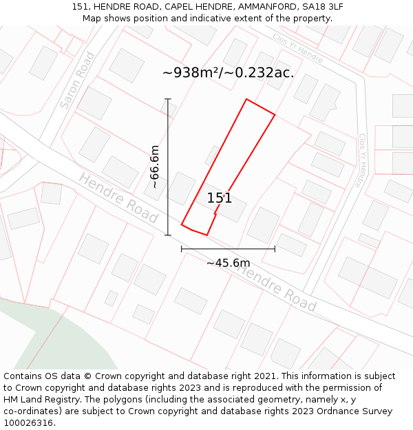 151, HENDRE ROAD, CAPEL HENDRE, AMMANFORD, SA18 3LF: Plot and title map