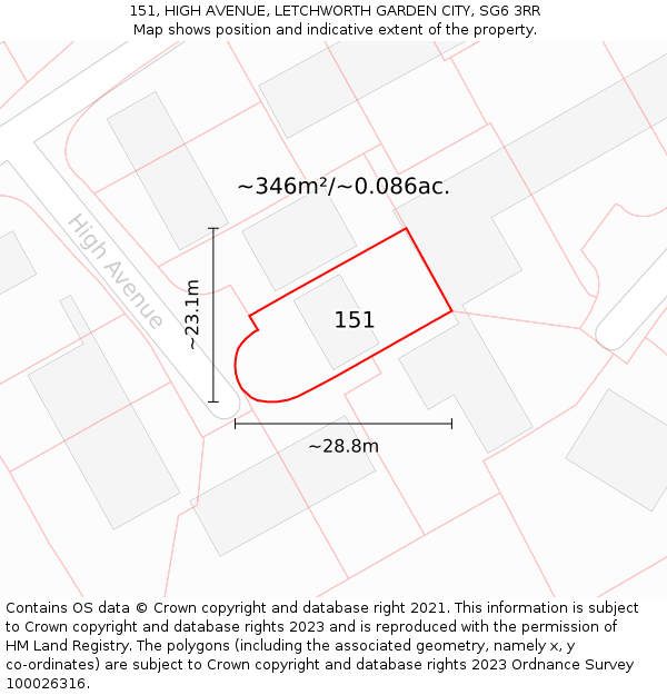 151, HIGH AVENUE, LETCHWORTH GARDEN CITY, SG6 3RR: Plot and title map