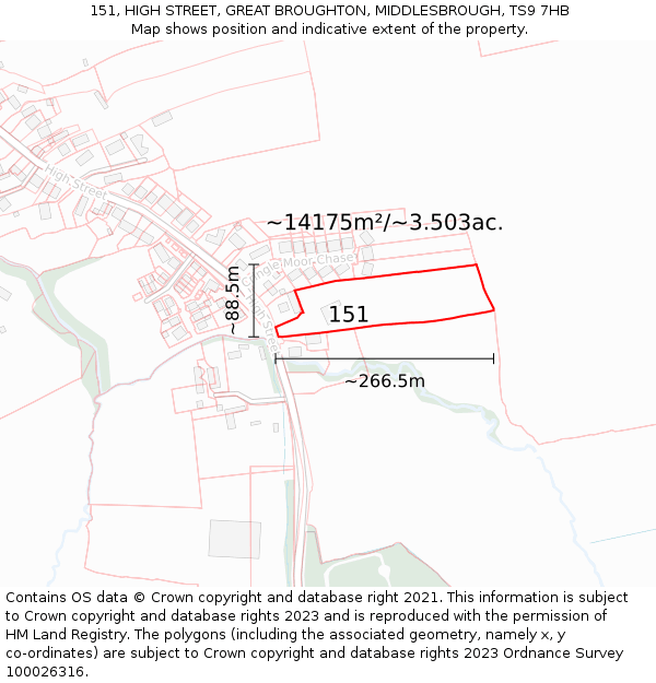 151, HIGH STREET, GREAT BROUGHTON, MIDDLESBROUGH, TS9 7HB: Plot and title map