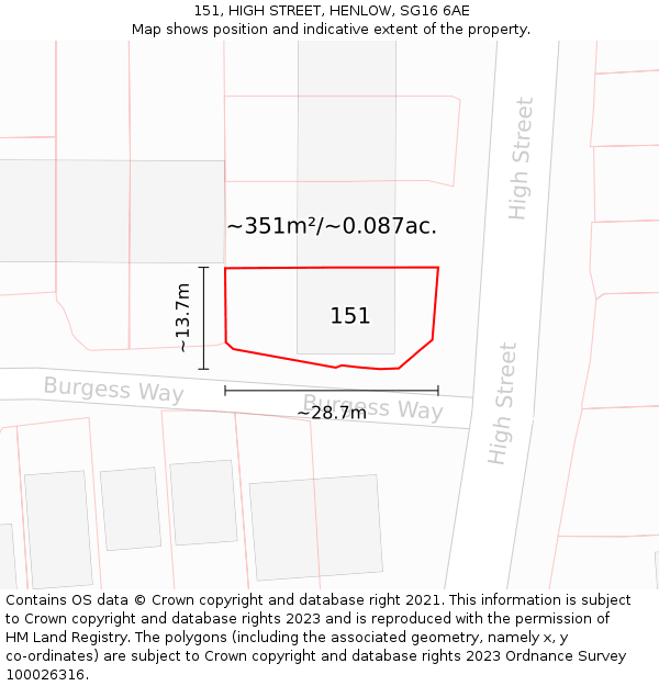 151, HIGH STREET, HENLOW, SG16 6AE: Plot and title map