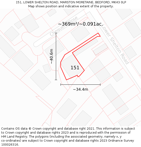 151, LOWER SHELTON ROAD, MARSTON MORETAINE, BEDFORD, MK43 0LP: Plot and title map