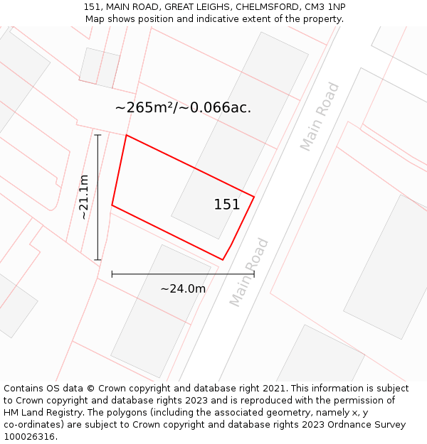 151, MAIN ROAD, GREAT LEIGHS, CHELMSFORD, CM3 1NP: Plot and title map