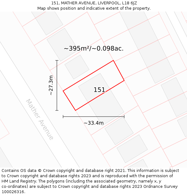 151, MATHER AVENUE, LIVERPOOL, L18 6JZ: Plot and title map