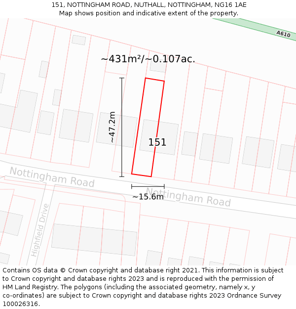 151, NOTTINGHAM ROAD, NUTHALL, NOTTINGHAM, NG16 1AE: Plot and title map