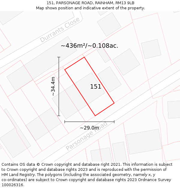 151, PARSONAGE ROAD, RAINHAM, RM13 9LB: Plot and title map