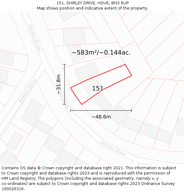 151, SHIRLEY DRIVE, HOVE, BN3 6UP: Plot and title map