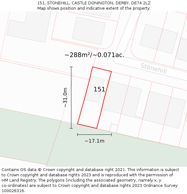 151, STONEHILL, CASTLE DONINGTON, DERBY, DE74 2LZ: Plot and title map