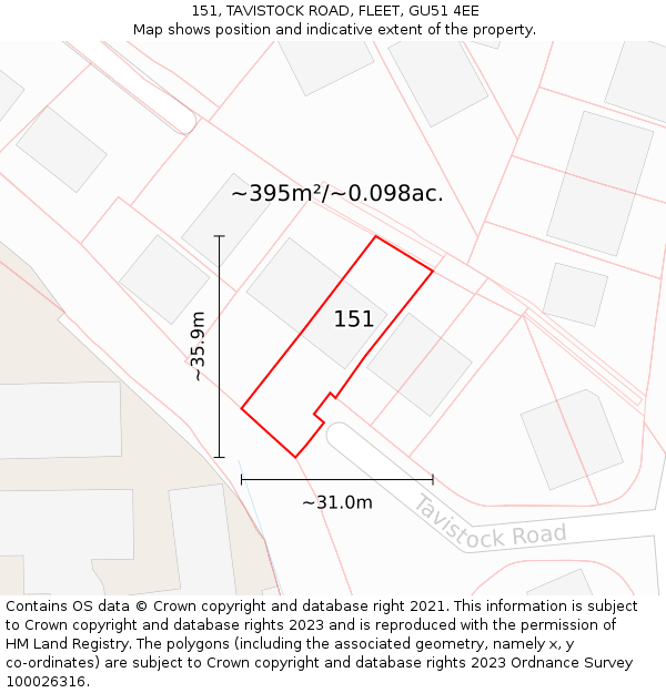 151, TAVISTOCK ROAD, FLEET, GU51 4EE: Plot and title map