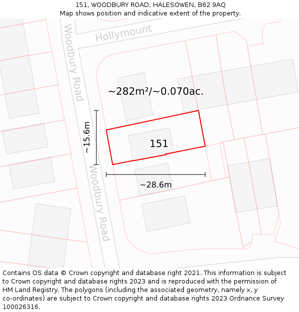 151, WOODBURY ROAD, HALESOWEN, B62 9AQ: Plot and title map