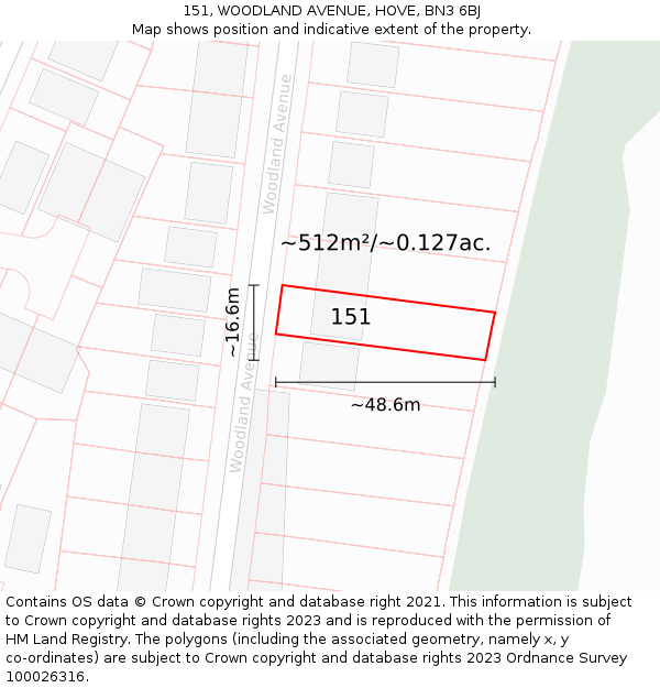 151, WOODLAND AVENUE, HOVE, BN3 6BJ: Plot and title map