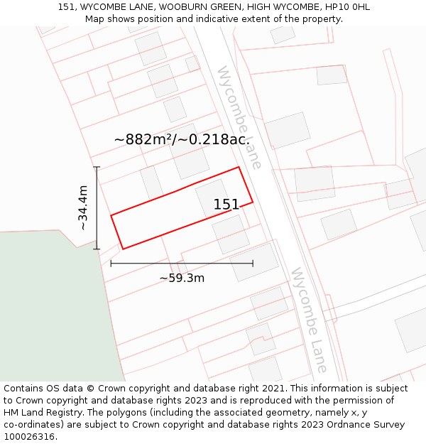 151, WYCOMBE LANE, WOOBURN GREEN, HIGH WYCOMBE, HP10 0HL: Plot and title map