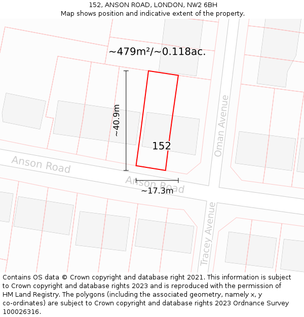 152, ANSON ROAD, LONDON, NW2 6BH: Plot and title map