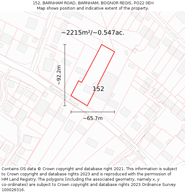 152, BARNHAM ROAD, BARNHAM, BOGNOR REGIS, PO22 0EH: Plot and title map