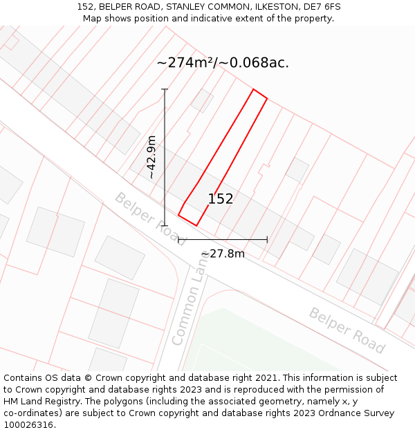 152, BELPER ROAD, STANLEY COMMON, ILKESTON, DE7 6FS: Plot and title map