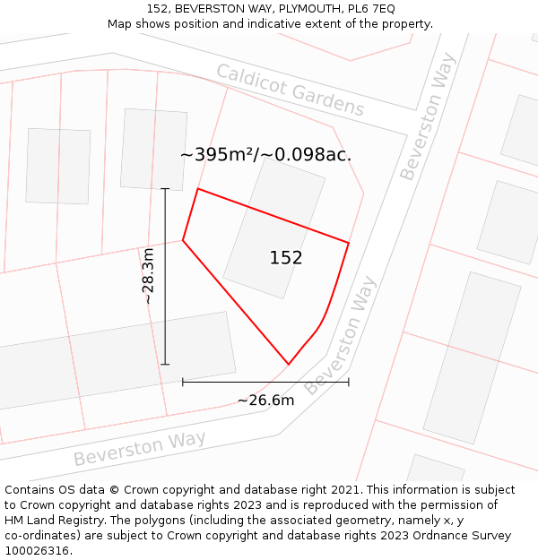 152, BEVERSTON WAY, PLYMOUTH, PL6 7EQ: Plot and title map