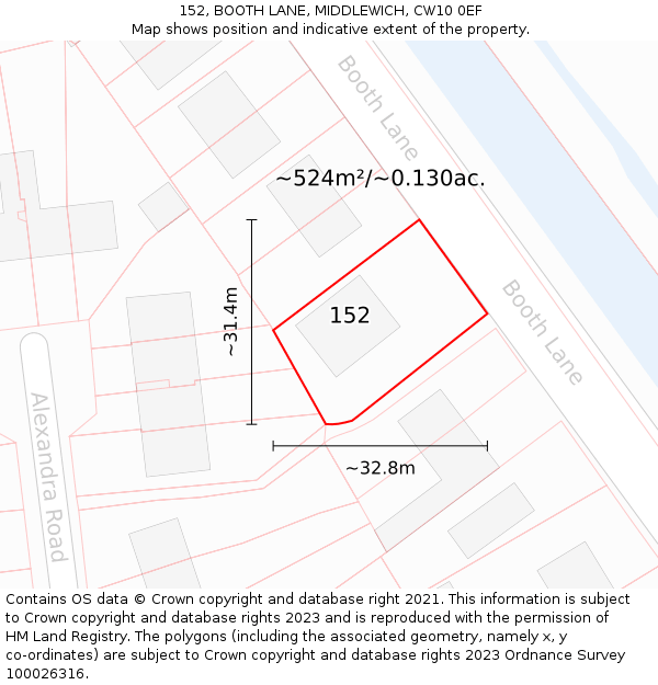 152, BOOTH LANE, MIDDLEWICH, CW10 0EF: Plot and title map