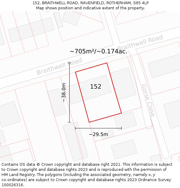 152, BRAITHWELL ROAD, RAVENFIELD, ROTHERHAM, S65 4LP: Plot and title map