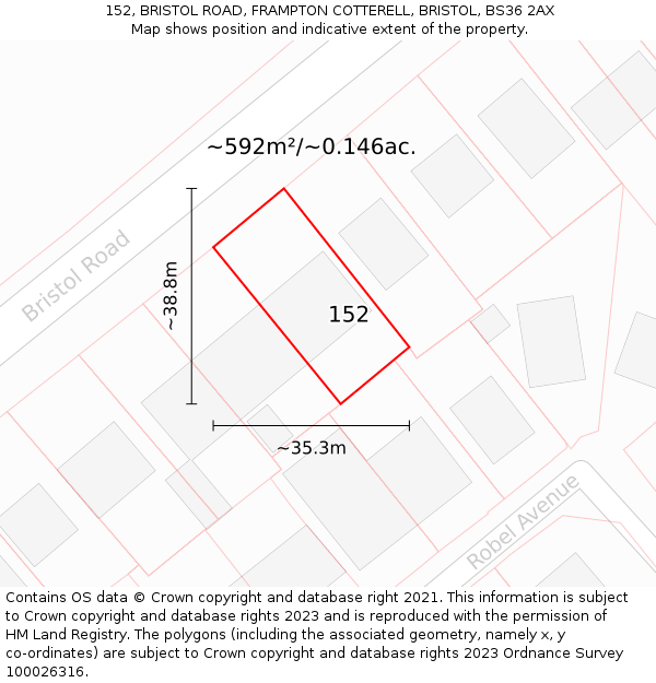 152, BRISTOL ROAD, FRAMPTON COTTERELL, BRISTOL, BS36 2AX: Plot and title map