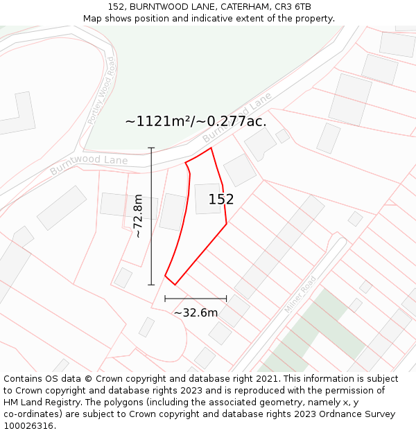 152, BURNTWOOD LANE, CATERHAM, CR3 6TB: Plot and title map